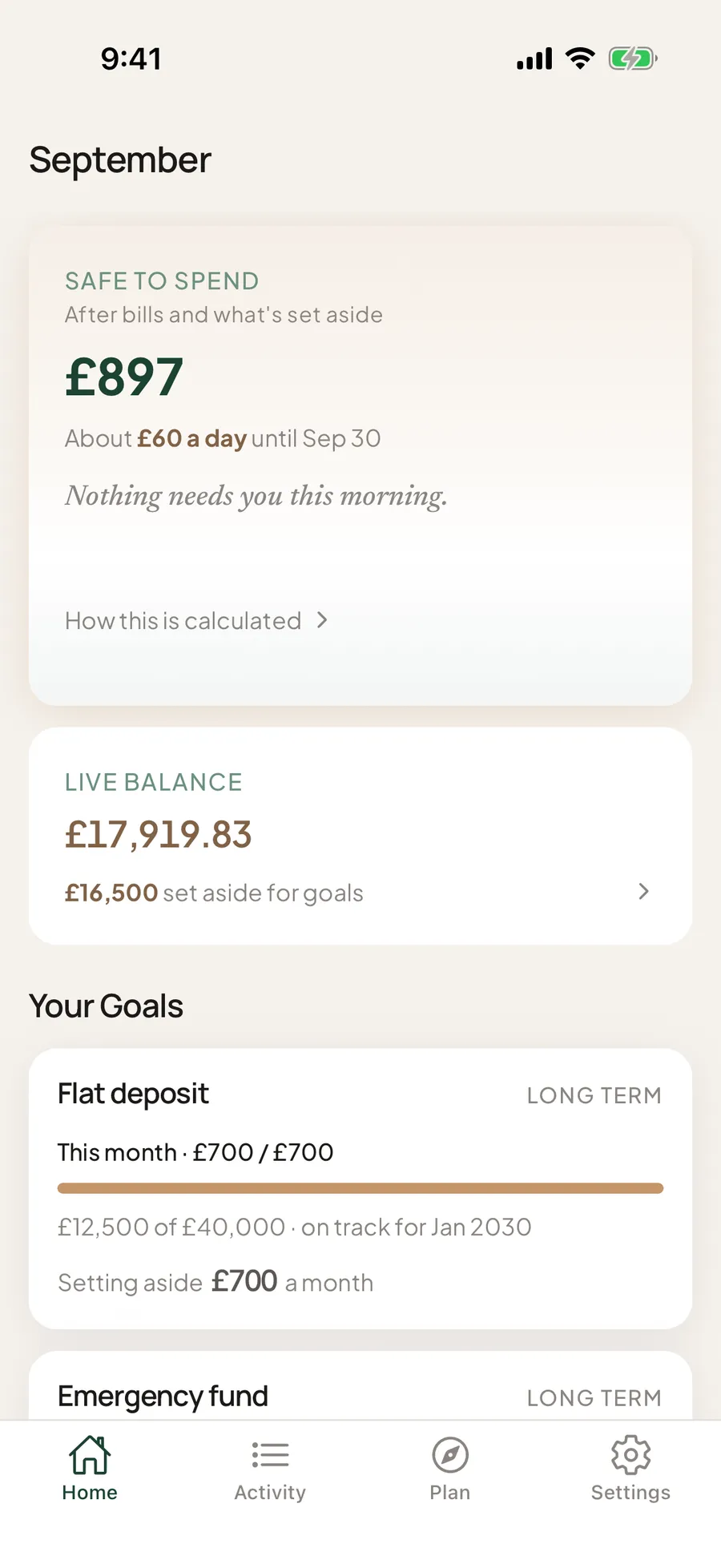 Home screen: £897 safe to spend, about £60 a day until 30 Sep, above a £17,919.83 live balance with £16,500 set aside for goals.